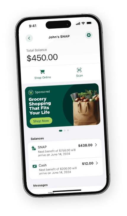 The ebtEDGE app showing a SNAP balance with a sponsored grocery placement below it